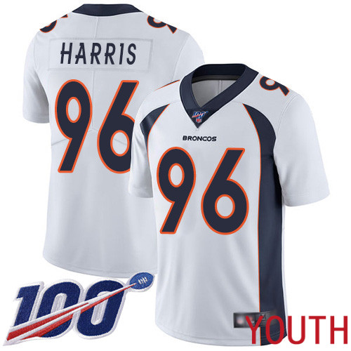 Youth Denver Broncos #96 Shelby Harris White Vapor Untouchable Limited Player 100th Season Football NFL Jersey